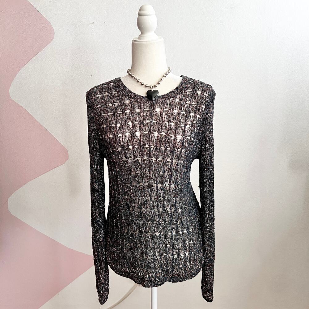 Anthropologie Pilcro Green Metallic Crochet Sweater Boho Holiday Artsy Small
